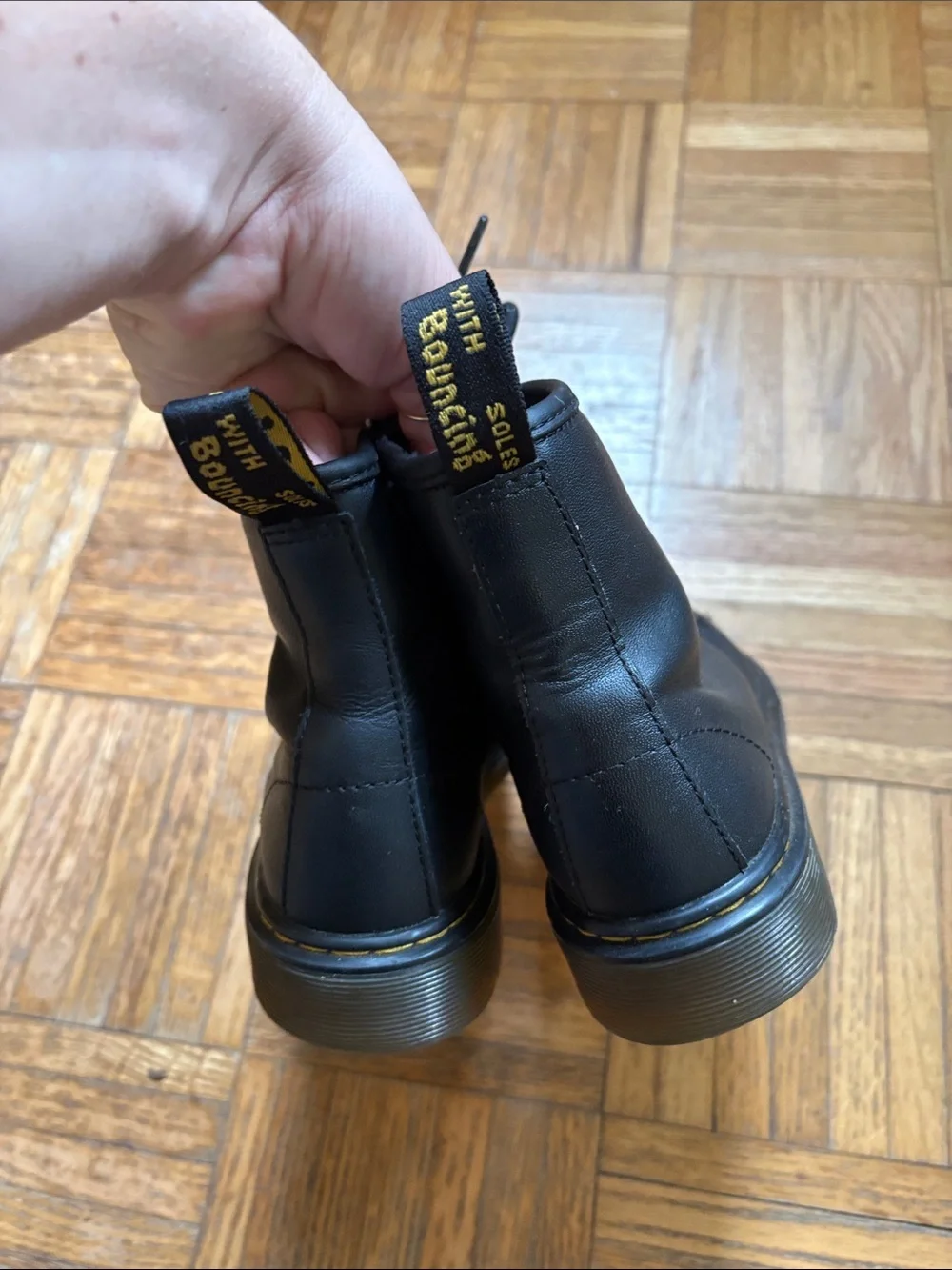 Dr Martens size 3 Black Lace-Up Combat Boots with Yellow Heel Loop